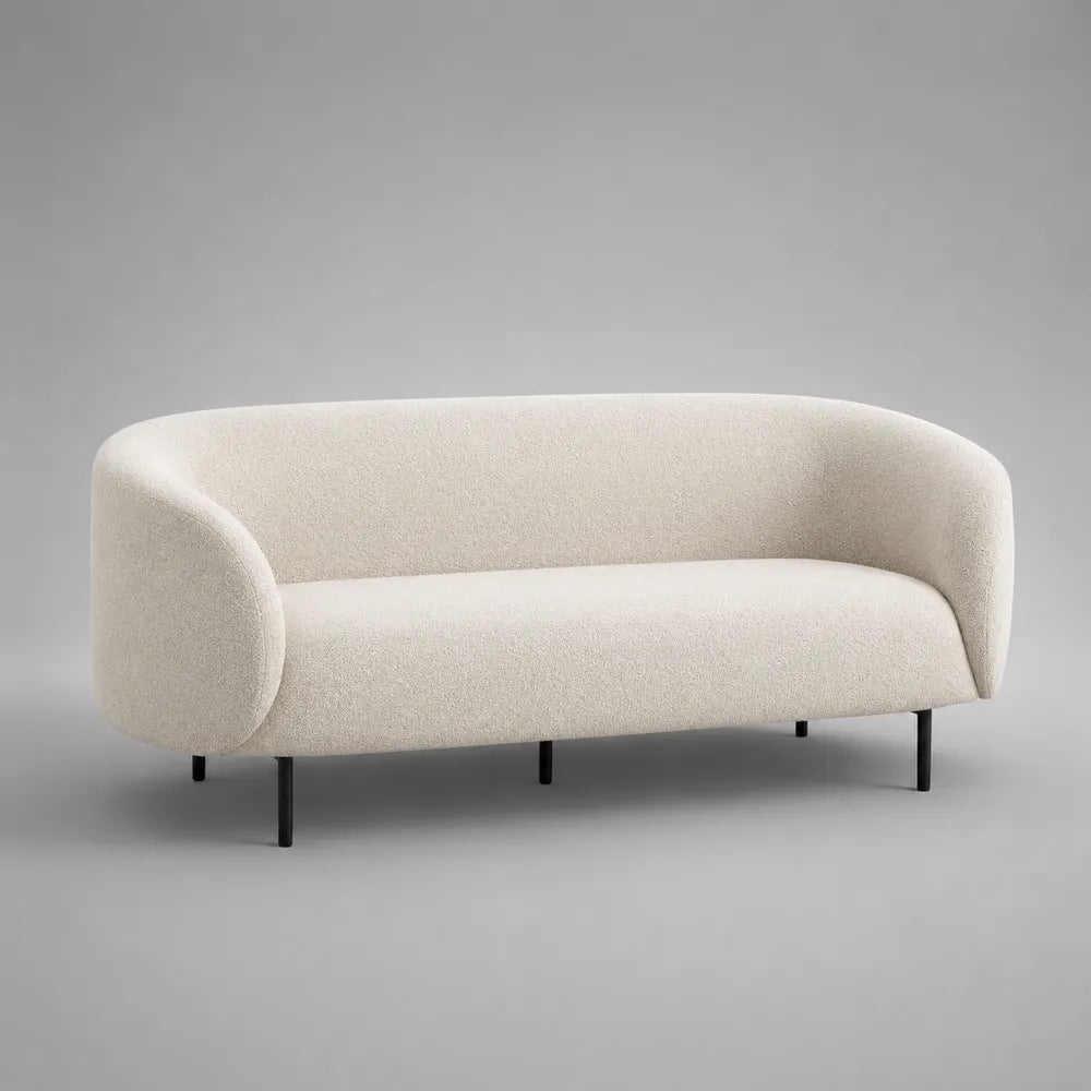 Divano 3 posti curvo 200 cm x 90 cm x 72 cm in tessuto poliestere bouclé beige con struttura in legno e piedini neri