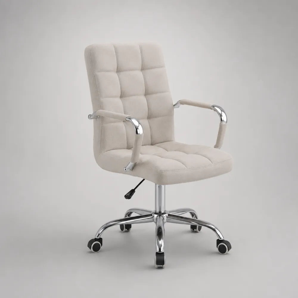 Sedia da ufficio girevole in tessuto poliestere imbottito struttura in acciaio cromato base a cinque razze con ruote colore beige 60x62x95-105 cm
