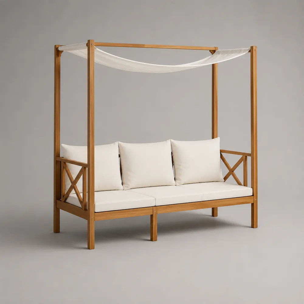 Panca da giardino 3 posti 180 cm x 70 cm x 200 cm in legno naturale con baldacchino e cuscini crema