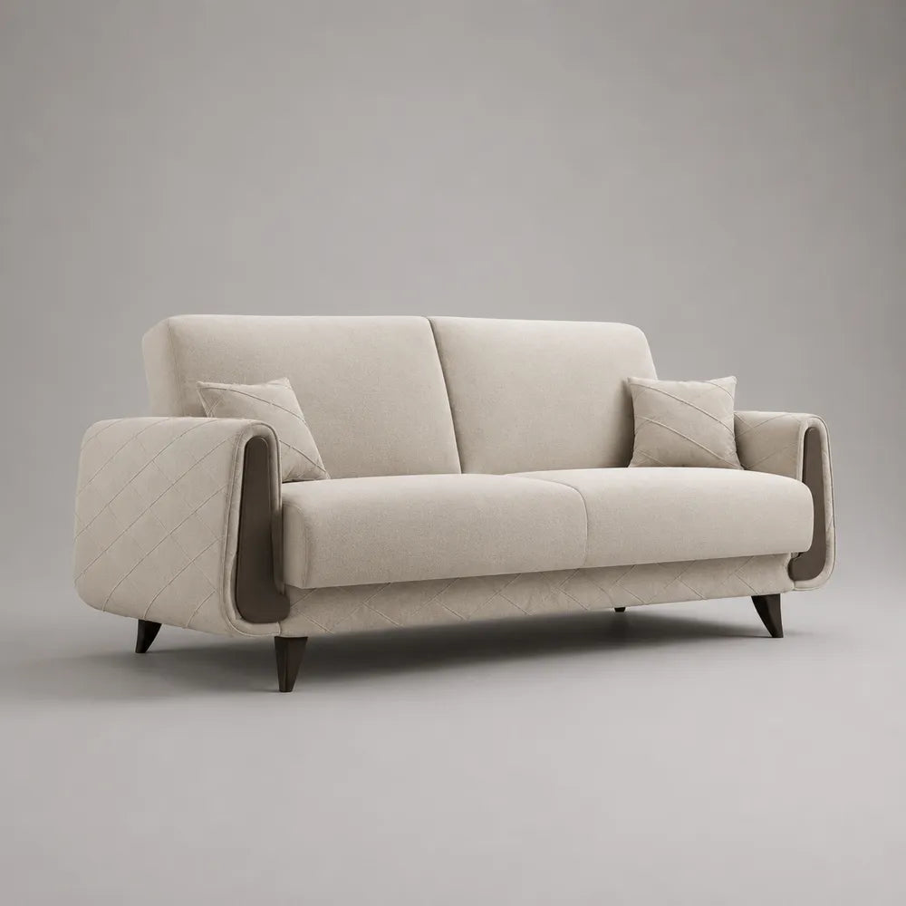 Divano 3 posti in tessuto poliestere effetto lino beige con inserto in legno sui braccioli struttura in legno massello e gambe in legno 200 cm x 85 cm x 80 cm