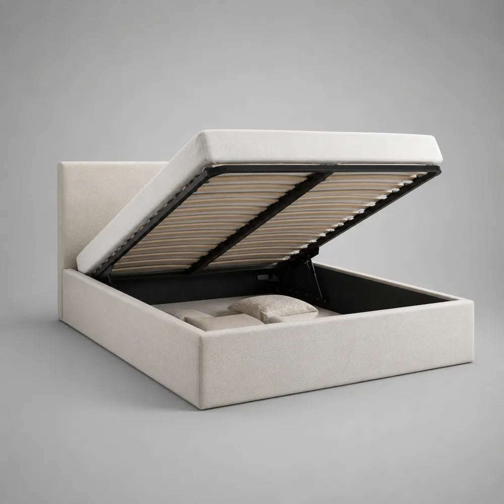Letto contenitore matrimoniale 160x200 cm in tessuto poliestere beige con rete sollevabile e vano contenitore