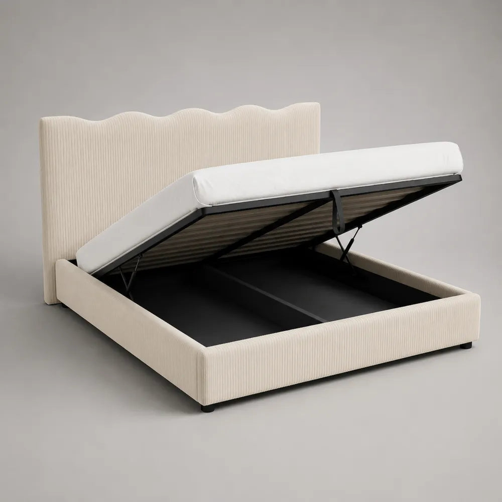 Letto contenitore matrimoniale 160x200 cm in tessuto effetto velluto a coste colore beige con rete sollevabile e testiera imbottita
