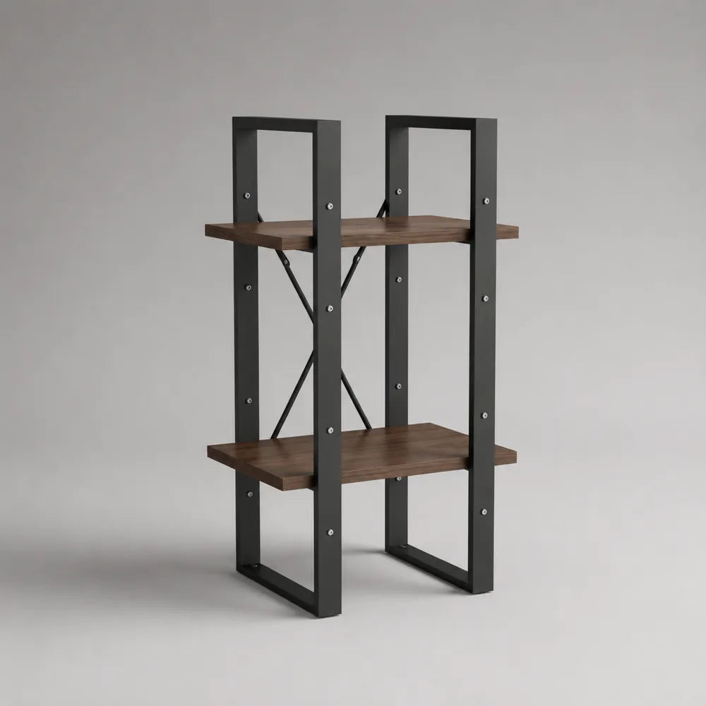 Scaffale da terra a 2 ripiani in pannelli MDF effetto noce con struttura in acciaio nero 60 cm 30 cm 90 cm