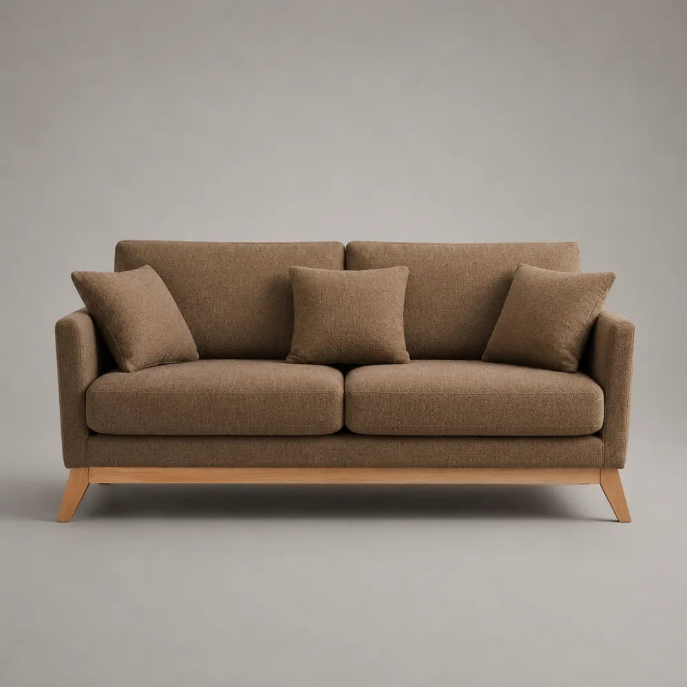 Divano 3 posti lineare in tessuto poliestere marrone con cuscini sfoderabili struttura in legno multistrato e pino massello gambe in legno naturale 200 cm x 88 cm x 85 cm