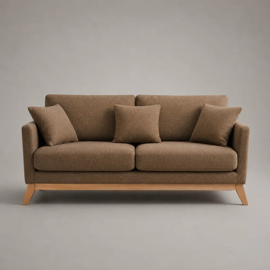 Divano 3 posti lineare in tessuto poliestere marrone con cuscini sfoderabili struttura in legno multistrato e pino massello gambe in legno naturale 200 cm x 88 cm x 85 cm