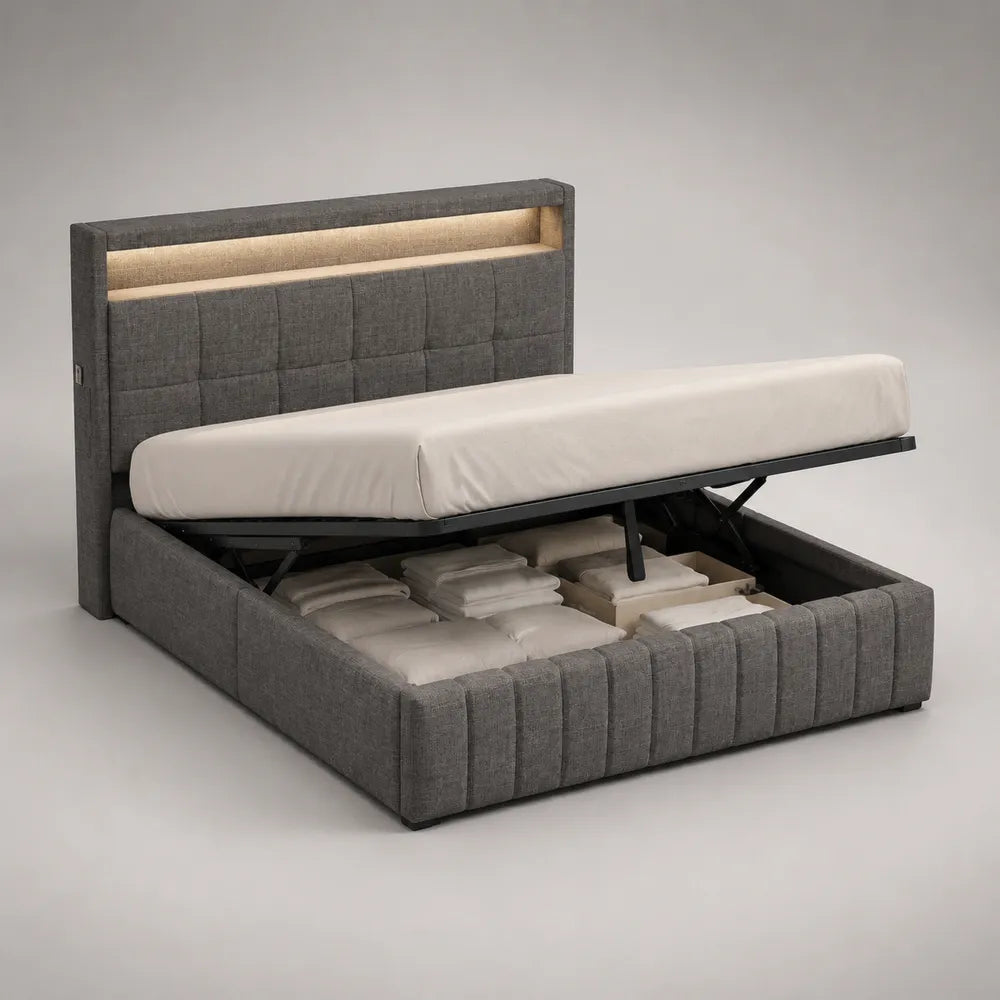 Letto contenitore matrimoniale in tessuto poliestere grigio con sollevamento a gas e rete metallica 175 x 215 x 110 cm