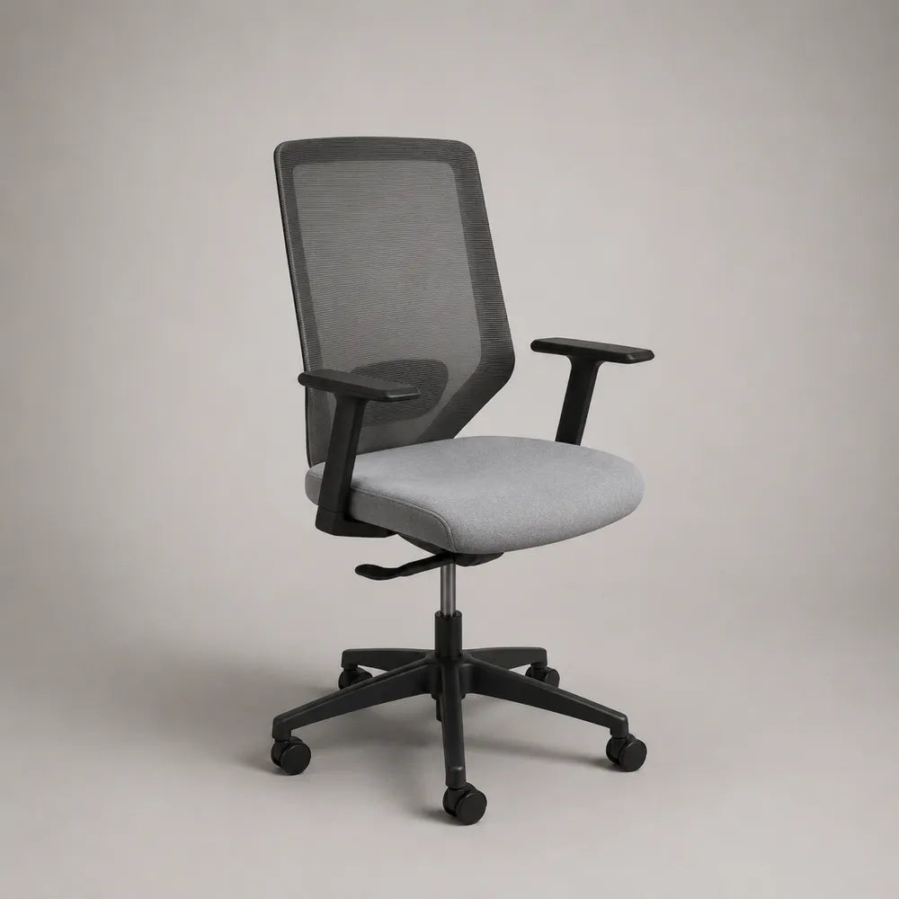 Sedia da ufficio girevole con schienale in rete in poliestere seduta imbottita in tessuto struttura in acciaio verniciato nero base a cinque razze con ruote nero grigio 60x60x90-100 cm