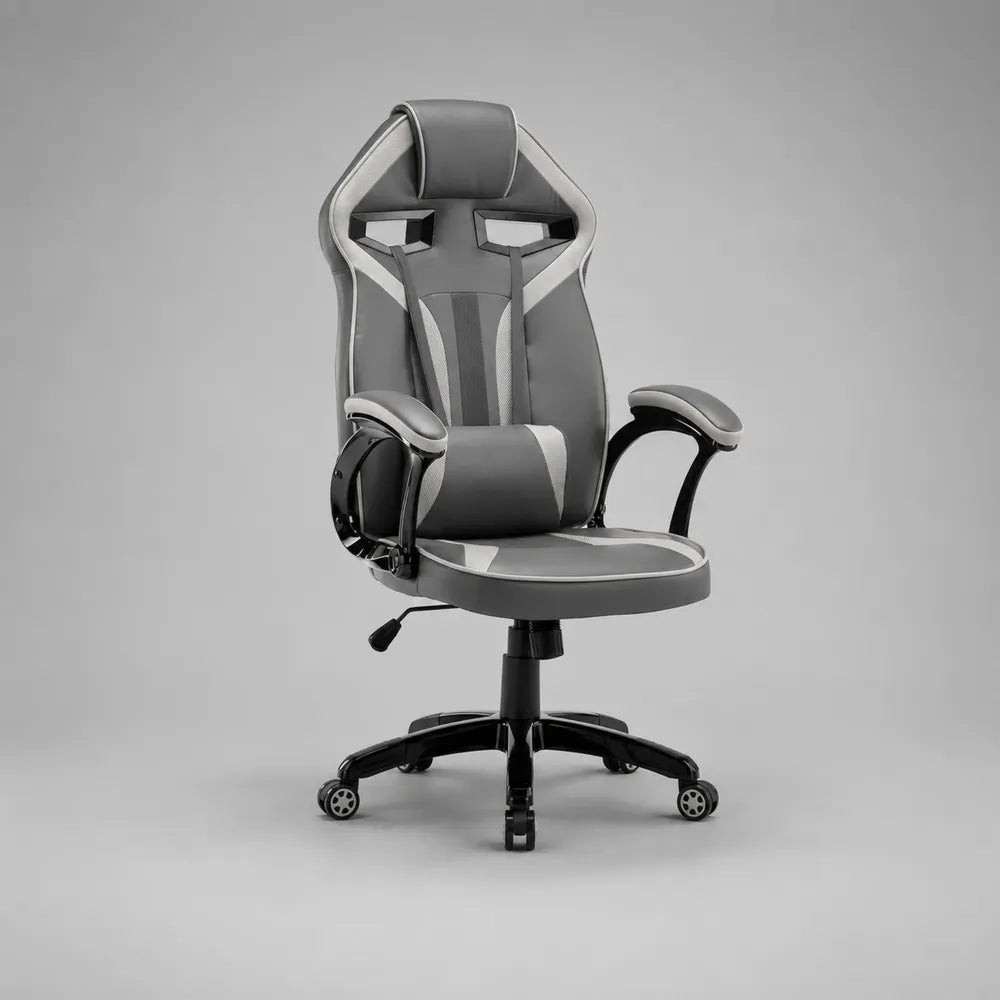 Sedia da ufficio girevole ergonomica schienale alto in similpelle e tessuto grigio nero base a cinque razze 70 x 70 x 125 cm