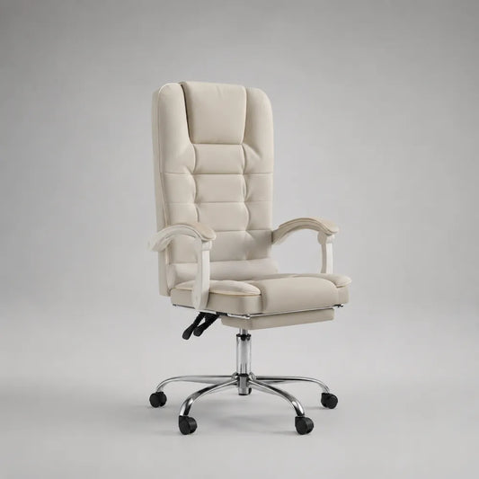 Sedia da ufficio girevole in ecopelle PU con schienale alto imbottito struttura in acciaio cromato base a cinque razze con ruote colore beige 62x68x115 cm