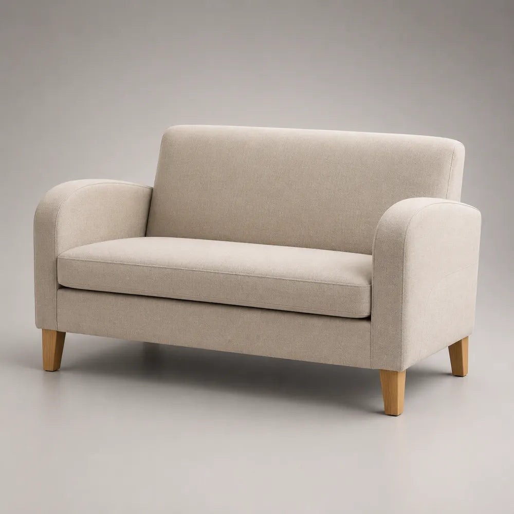 Divano 2 posti 150 cm x 75 cm x 78 cm in tessuto poliestere beige con gambe in legno massello e struttura in legno e compensato