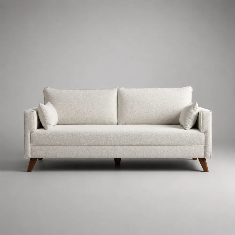 Divano 3 posti in tessuto poliestere avorio forma rettangolare con cuscini sfoderabili struttura in legno multistrato e gambe in legno 200 cm x 88 cm x 80 cm