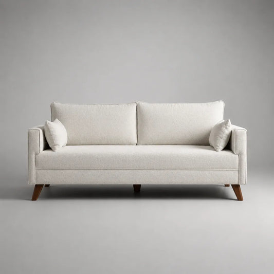 Divano 3 posti in tessuto poliestere avorio forma rettangolare con cuscini sfoderabili struttura in legno multistrato e gambe in legno 200 cm x 88 cm x 80 cm