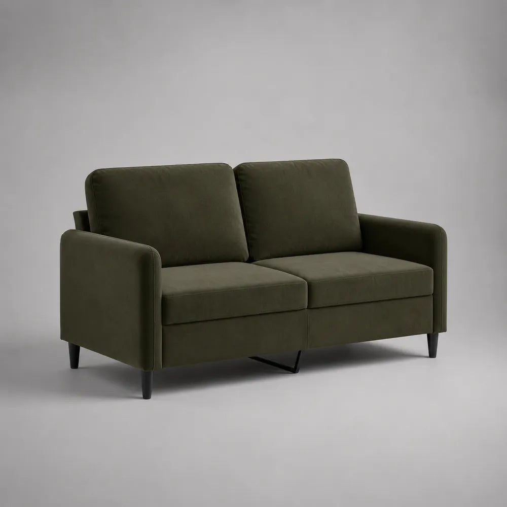 Divano 2 posti 150 cm x 80 cm x 75 cm in tessuto poliestere verde scuro con struttura in legno e gambe in metallo nero