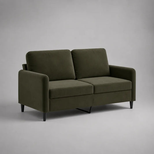 Divano 2 posti 150 cm x 80 cm x 75 cm in tessuto poliestere verde scuro con struttura in legno e gambe in metallo nero