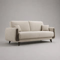 Divano 3 posti in tessuto poliestere effetto lino beige con inserto in legno sui braccioli struttura in legno massello e gambe in legno 200 cm x 85 cm x 80 cm
