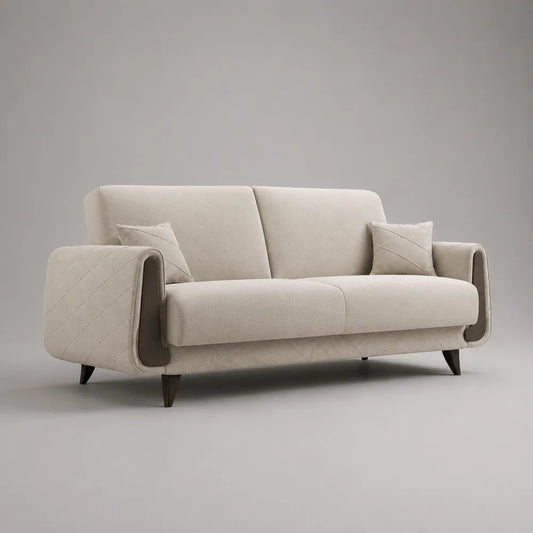 Divano 3 posti in tessuto poliestere effetto lino beige con inserto in legno sui braccioli struttura in legno massello e gambe in legno 200 cm x 85 cm x 80 cm