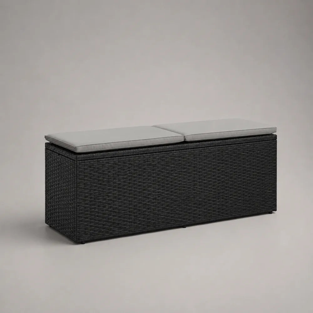Panca da giardino contenitore a 2 posti in rattan PE nero con cuscini grigio chiaro struttura in acciaio forma rettangolare 120 cm 45 cm 45 cm