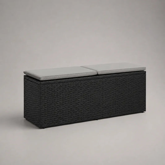 Panca da giardino contenitore a 2 posti in rattan PE nero con cuscini grigio chiaro struttura in acciaio forma rettangolare 120 cm 45 cm 45 cm