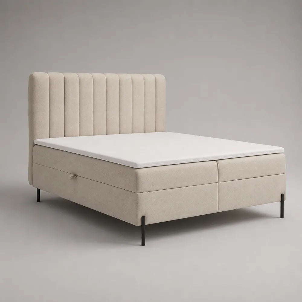 Letto contenitore matrimoniale 160x200 cm in tessuto poliestere beige con testiera imbottita a doghe verticali e rete sollevabile