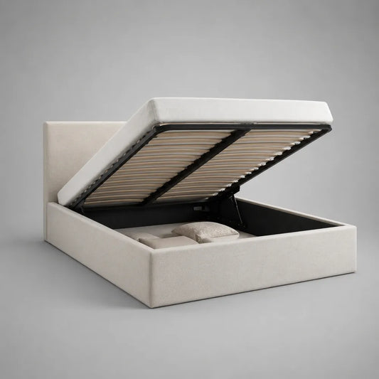 Letto contenitore matrimoniale 160x200 cm in tessuto poliestere beige con rete sollevabile e vano contenitore