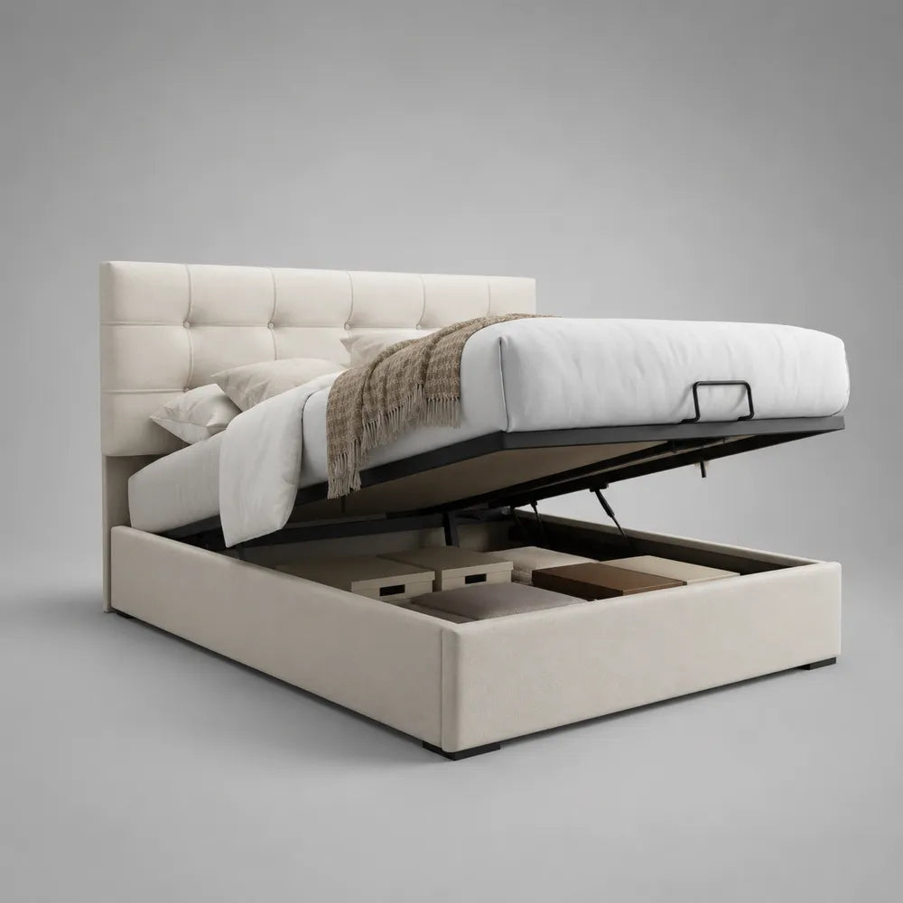 Letto contenitore matrimoniale con testiera imbottita in tessuto poliestere beige con sollevamento a gas 180 x 200 cm